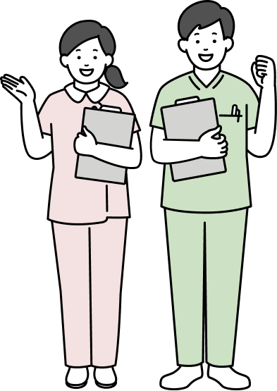 2人のスタッフがカルテを持って出迎えているシーン